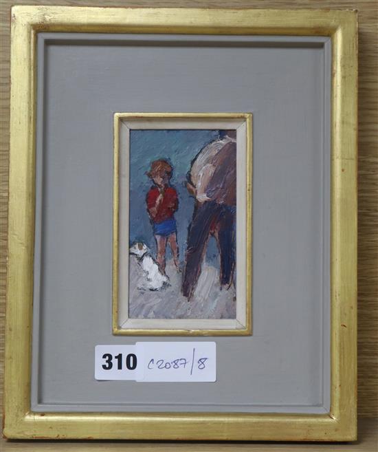 Peter Coker, oil on board, Man, boy and dog, inscribed verso, 12 x 7cm